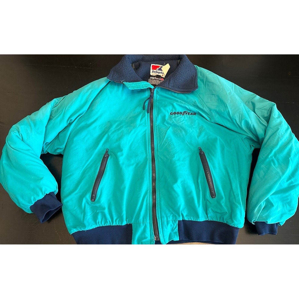 Vintage Goodyear Swingster Jacket Mens Bomber Polar Fleece Blue‎ Teal Zip L USA